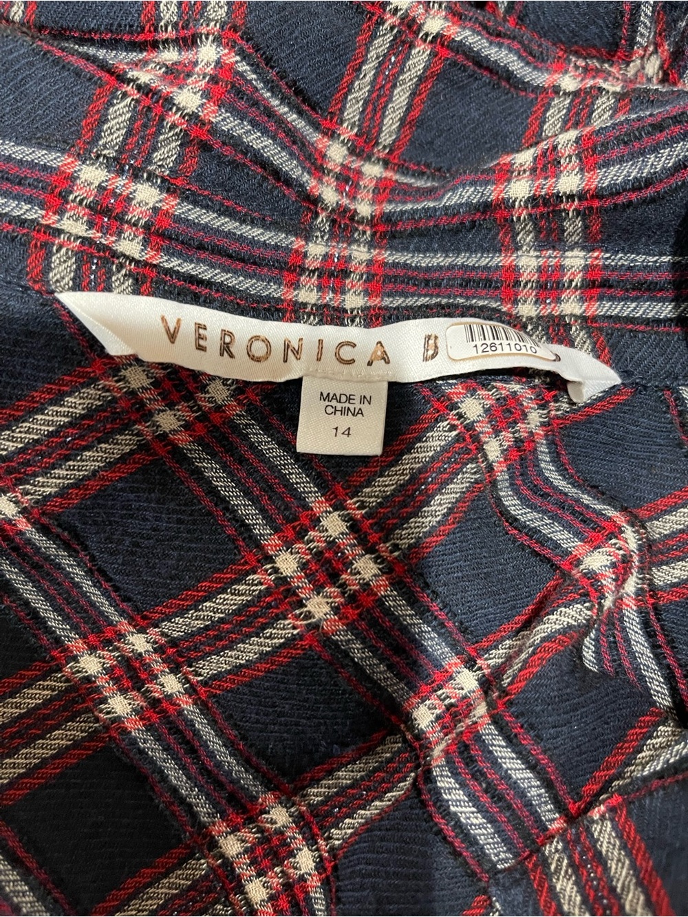 Veronica Beard Karen Navy and Red Metallic Plaid Long-Sleeve Shirt Dress Sz. 14 - Picture 6 of 7